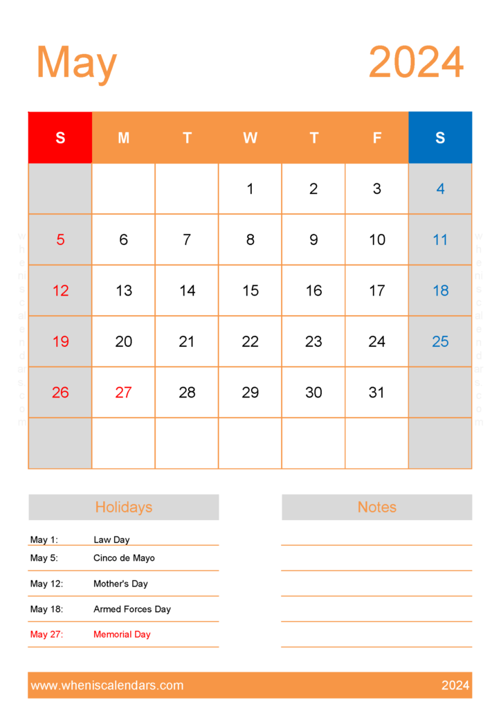 Download Calendar May 2024 Template A4 Vertical 54154