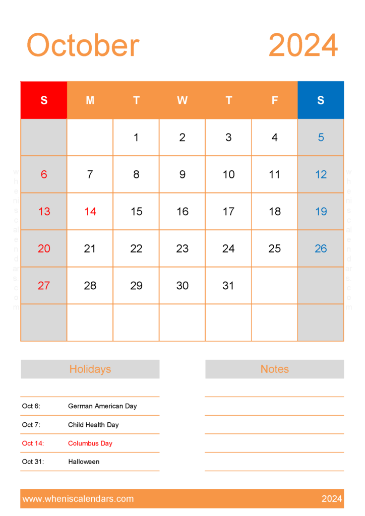 Download Calendar October 2024 Template A4 Vertical 104154