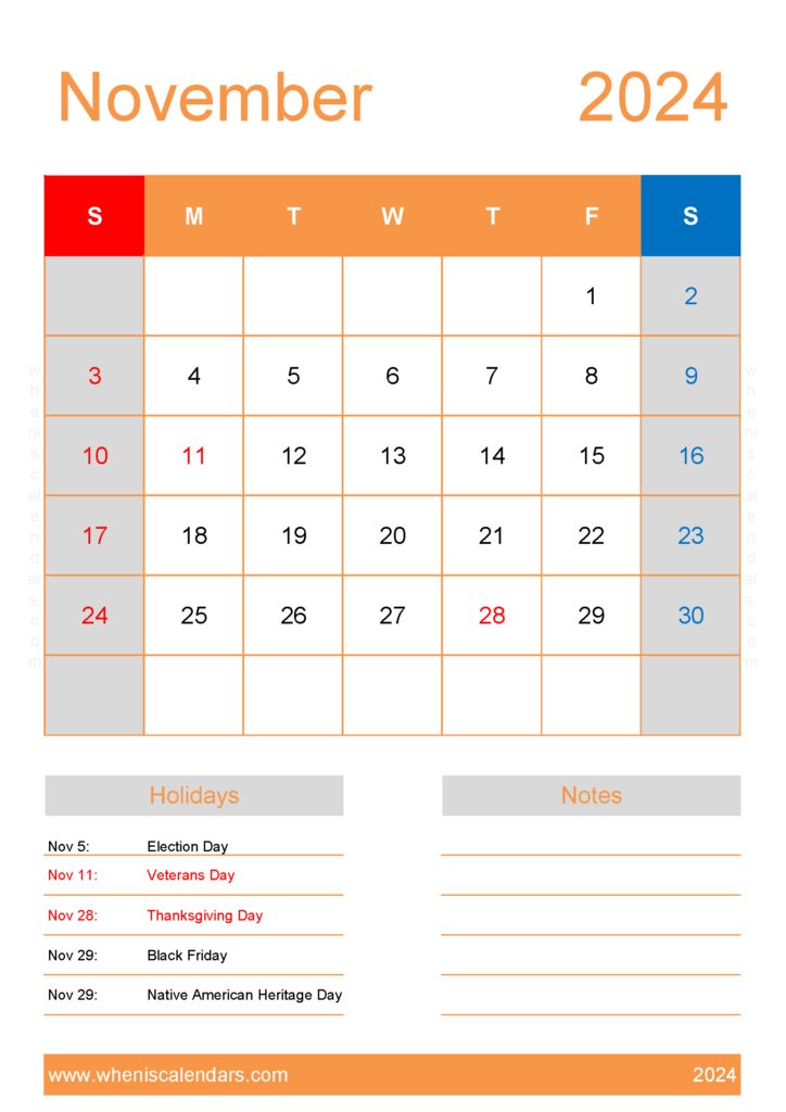 Download Calendar November 2024 Template A4 Vertical 114154