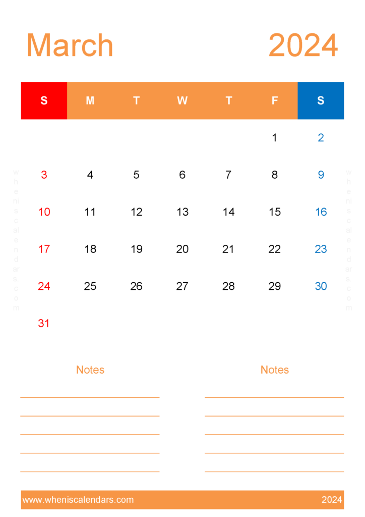 Download Printable March 2024 Calendar Free A4 Vertical 34235