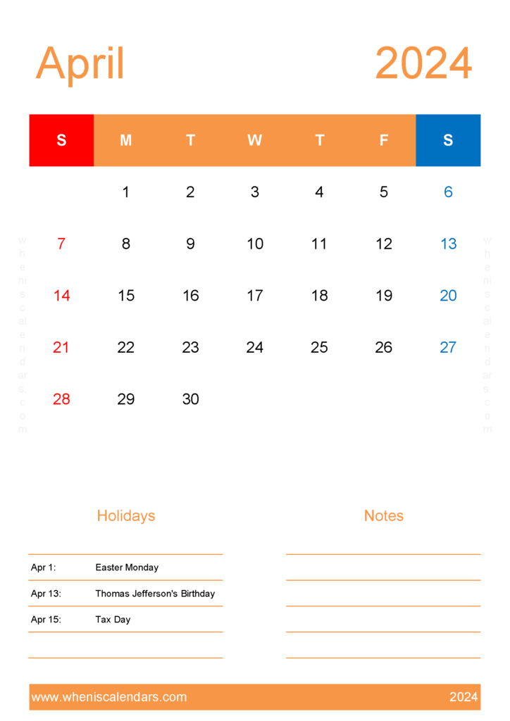 Download April 2024 Calendar Template word A4 Vertical 44155