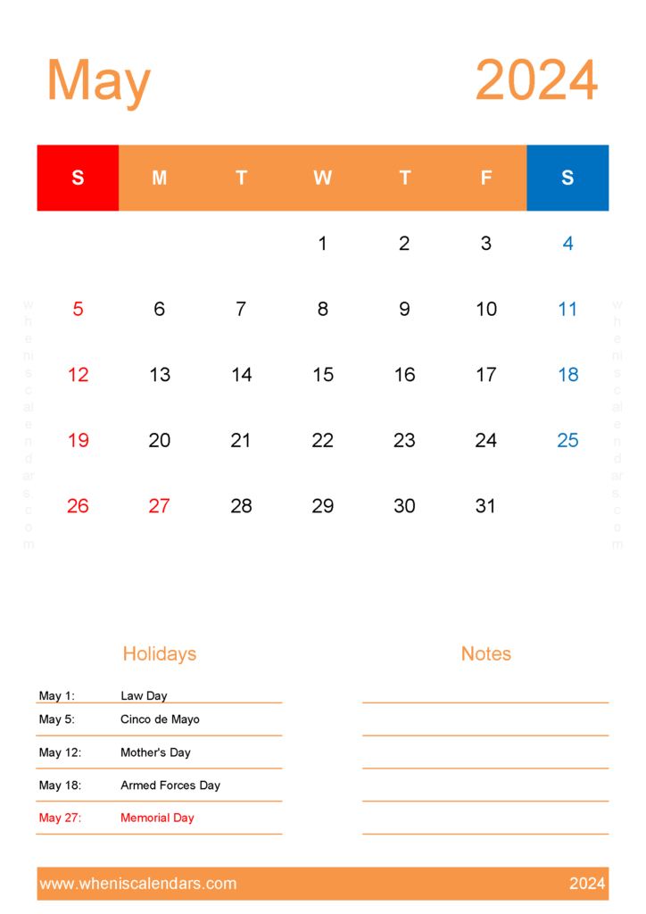 Download May 2024 Calendar Template word A4 Vertical 54155