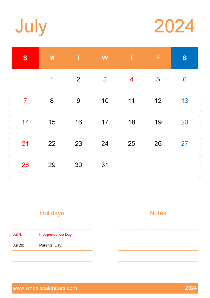 Download July 2024 Calendar Template word A4 Vertical 74155
