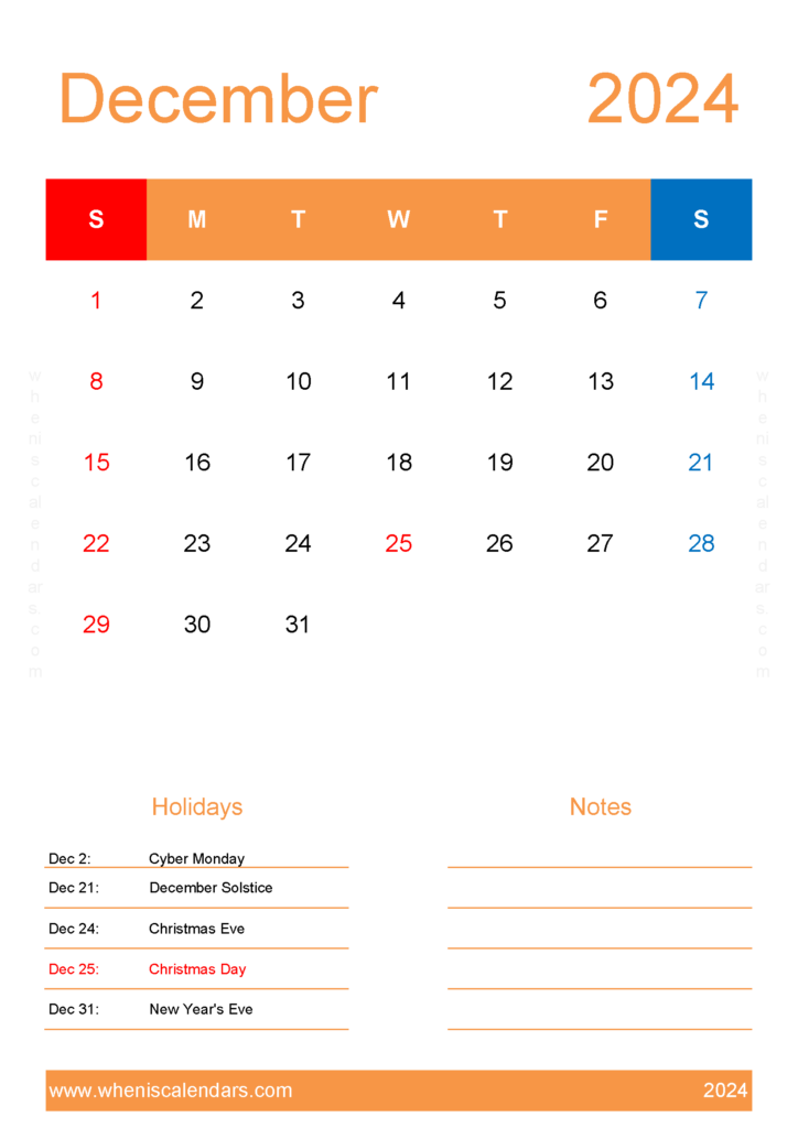 Download December 2024 Calendar Template word A4 Vertical 124155