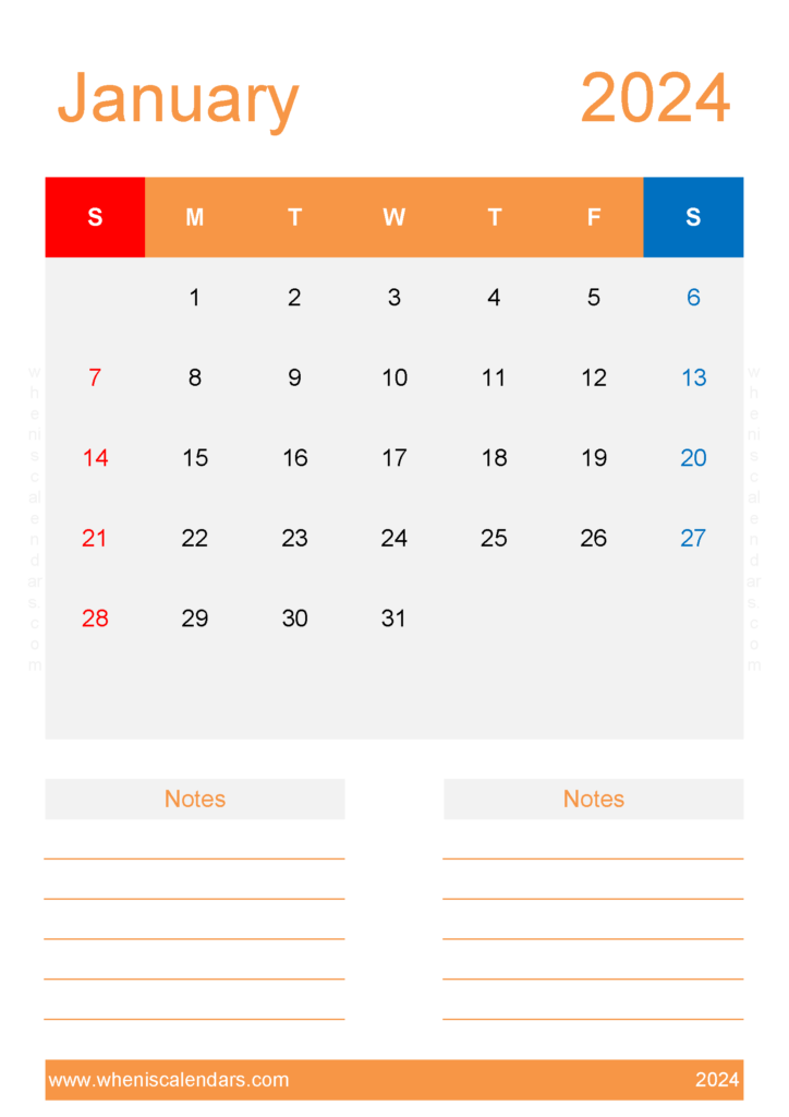 Download Free Blank Calendar Template January 2024 A4 Vertical J4236
