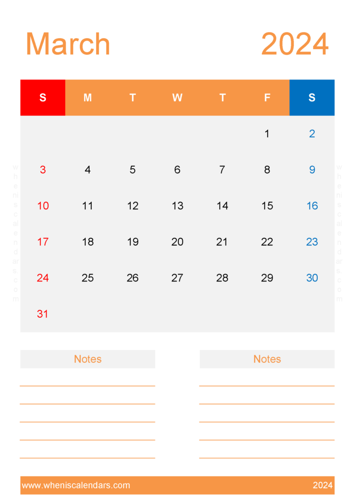 Download Free Blank Calendar Template March 2024 A4 Vertical 34236