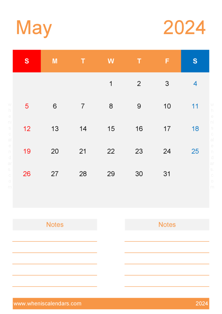 Download Free Blank Calendar Template May 2024 A4 Vertical 54236