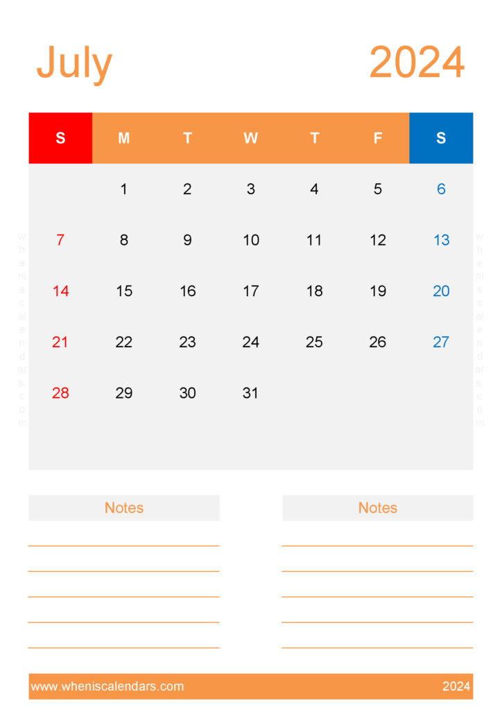 Download Free Blank Calendar Template July 2024 A4 Vertical 74236