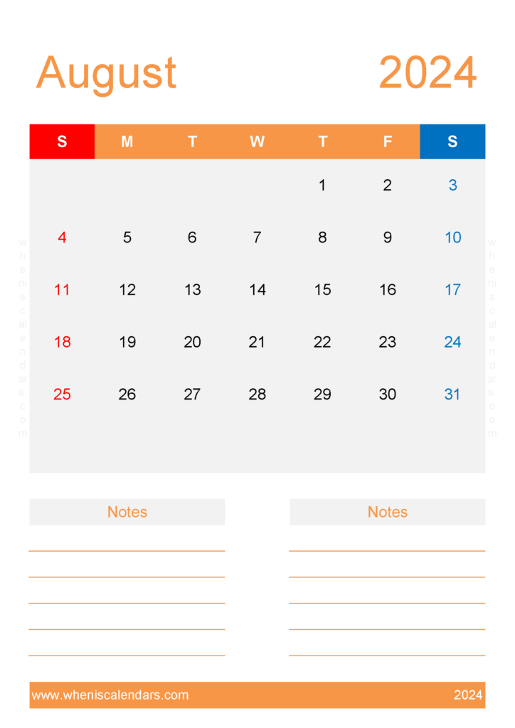 Download Free Blank Calendar Template August 2024 A4 Vertical 84236