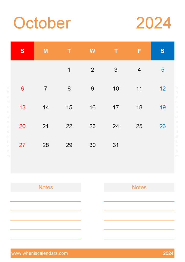 Download Free Blank Calendar Template October 2024 A4 Vertical 104236