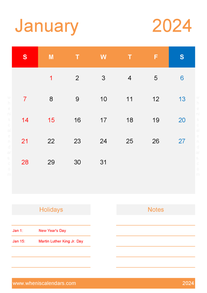 Download January 2024 Blank Calendar Printable A4 Vertical J4156