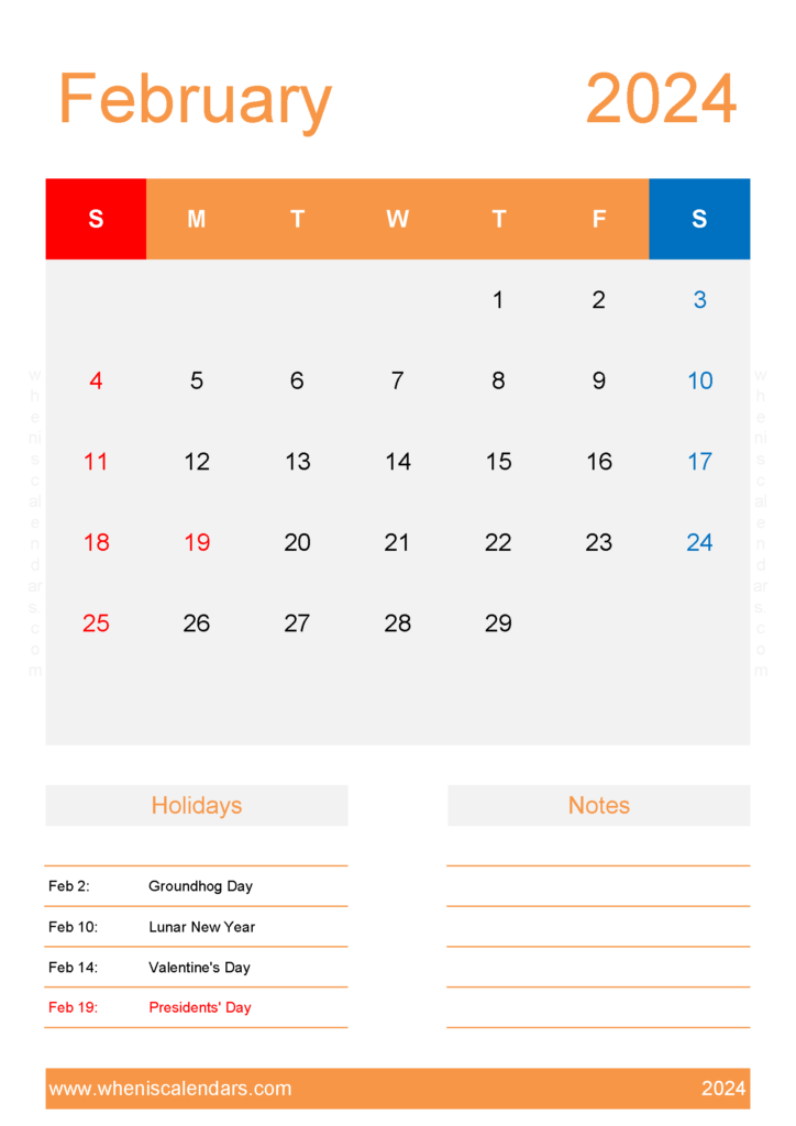 Download February 2024 Blank Calendar Printable A4 Vertical 24156