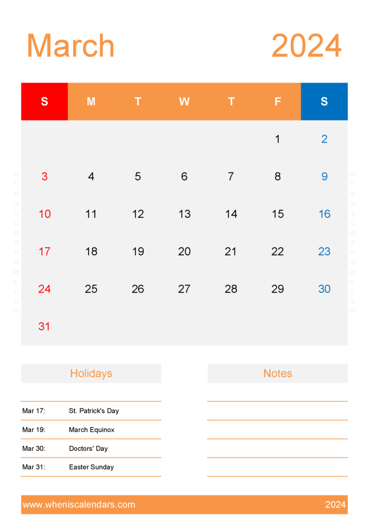 Download March 2024 Blank Calendar Printable A4 Vertical 34156
