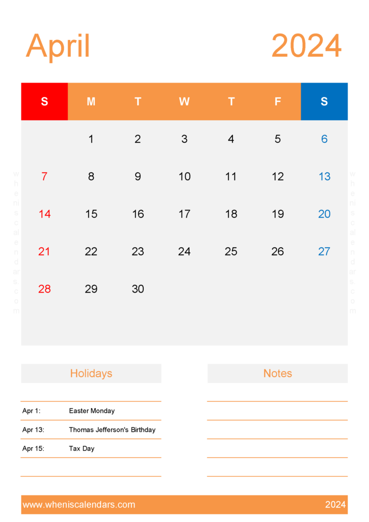 Download April 2024 Blank Calendar Printable A4 Vertical 44156