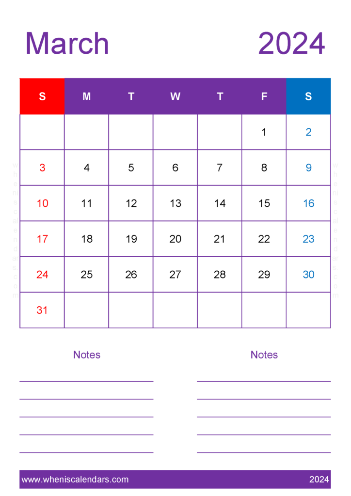 Download March 2024 Calendar with bank Holidays A4 Vertical 34237