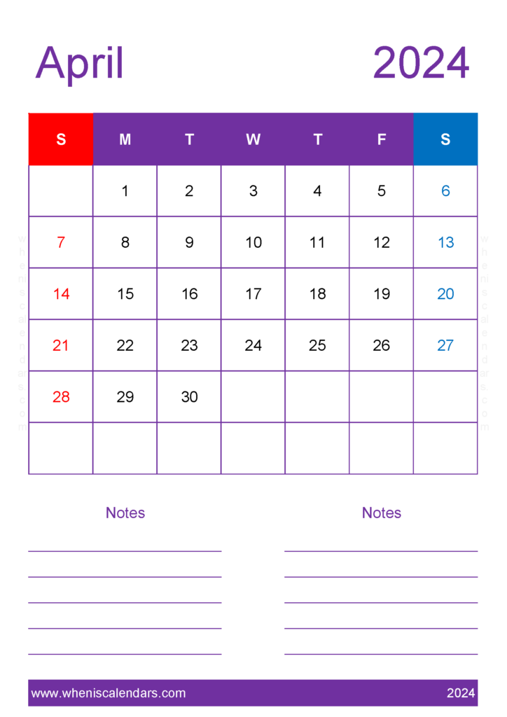 Download April 2024 Calendar with bank Holidays A4 Vertical 44237
