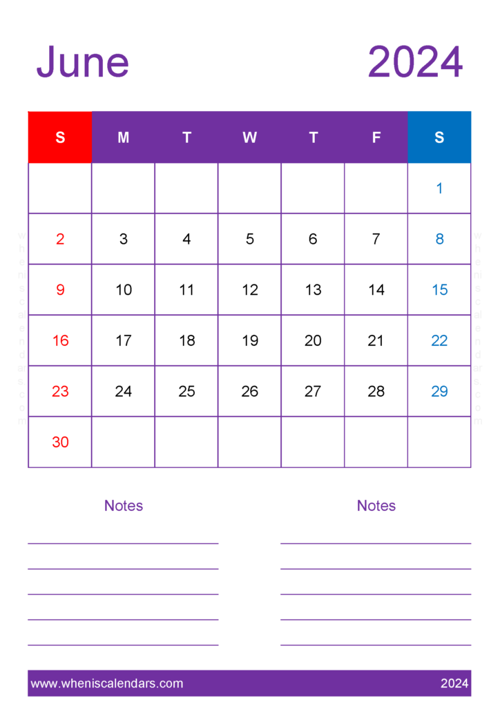 Download June 2024 Calendar with bank Holidays A4 Vertical 64237