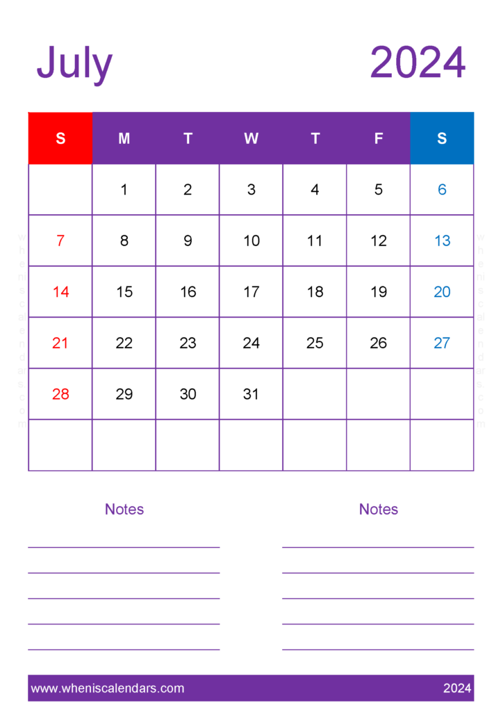 Download July 2024 Calendar with bank Holidays A4 Vertical 74237