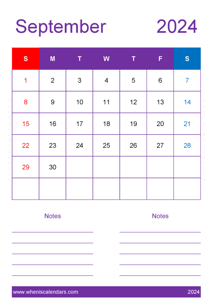 Download September 2024 Calendar with bank Holidays A4 Vertical 94237