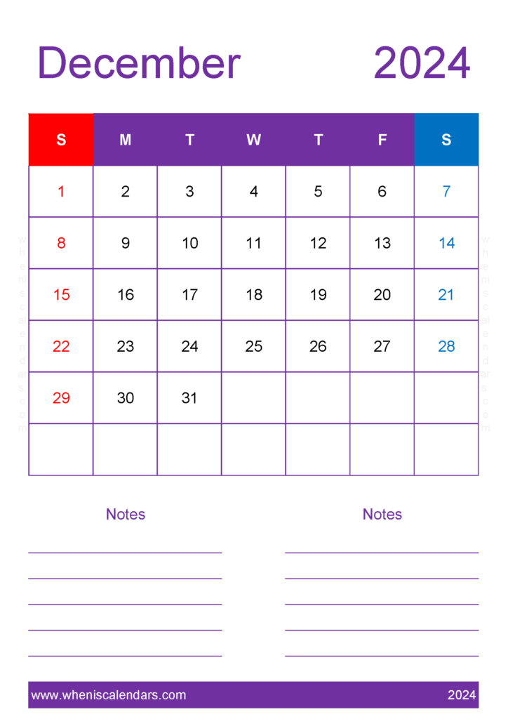 Download December 2024 Calendar with bank Holidays A4 Vertical 124237