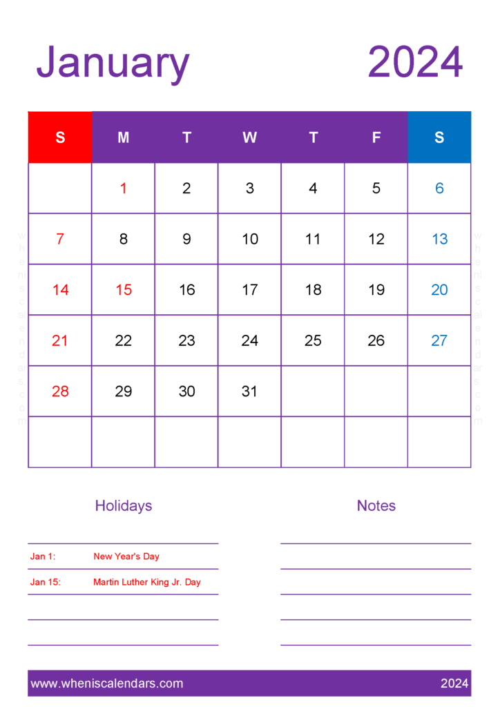 Download Free Calendar for January 2024 A4 Vertical J4157