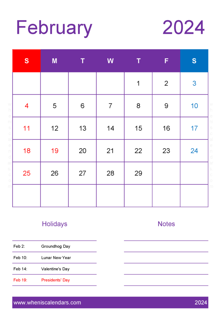Download Free Calendar for February 2024 A4 Vertical 24157