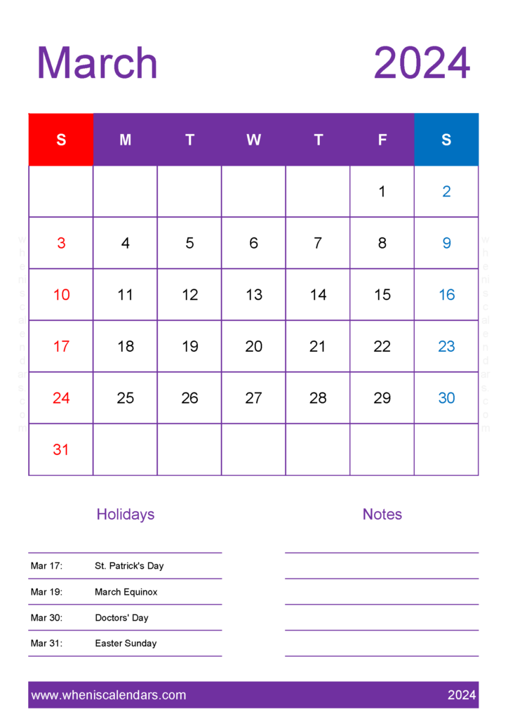 Download Free Calendar for March 2024 A4 Vertical 34157