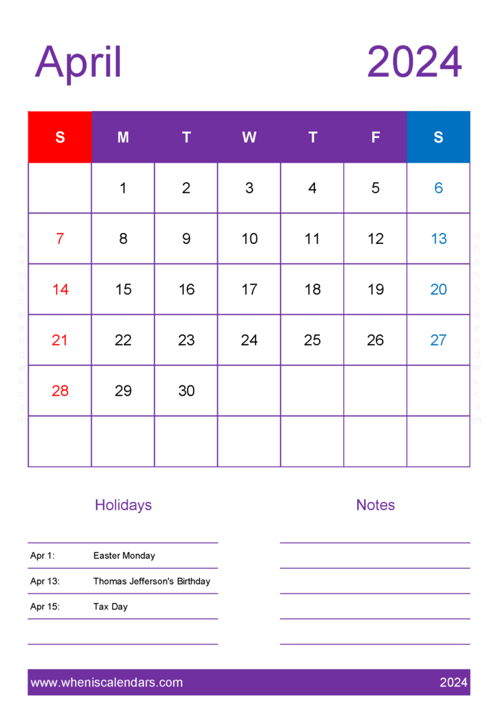 Download Free Calendar for April 2024 A4 Vertical 44157