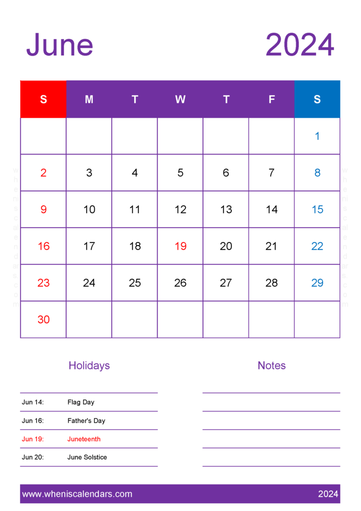 Download Free Calendar for June 2024 A4 Vertical 64157
