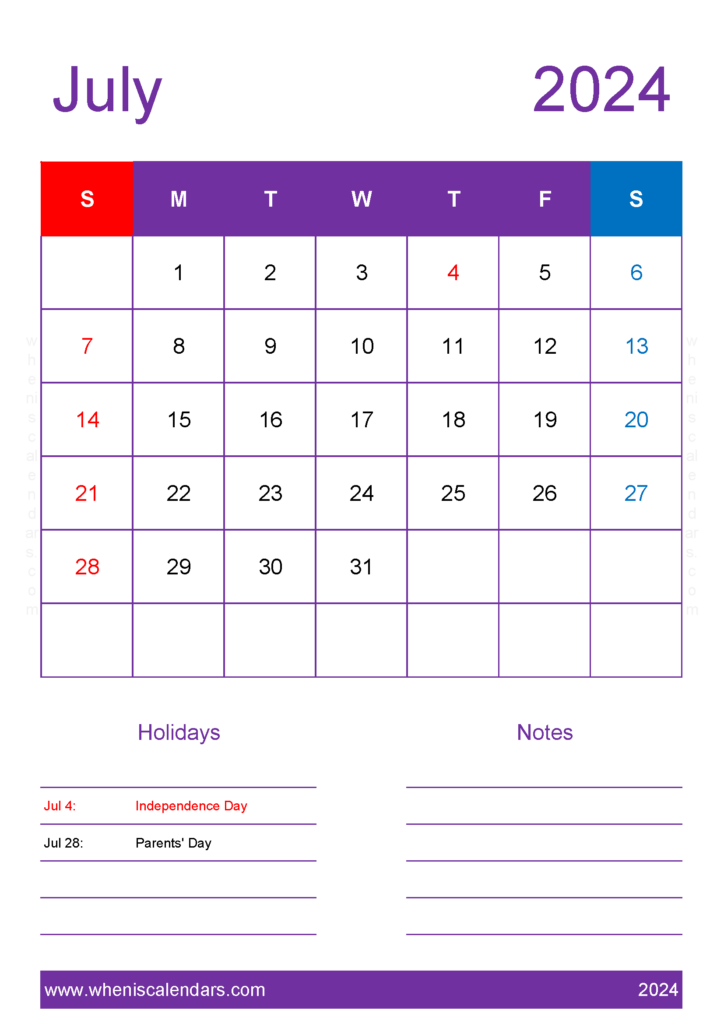 Download Free Calendar for July 2024 A4 Vertical 74157