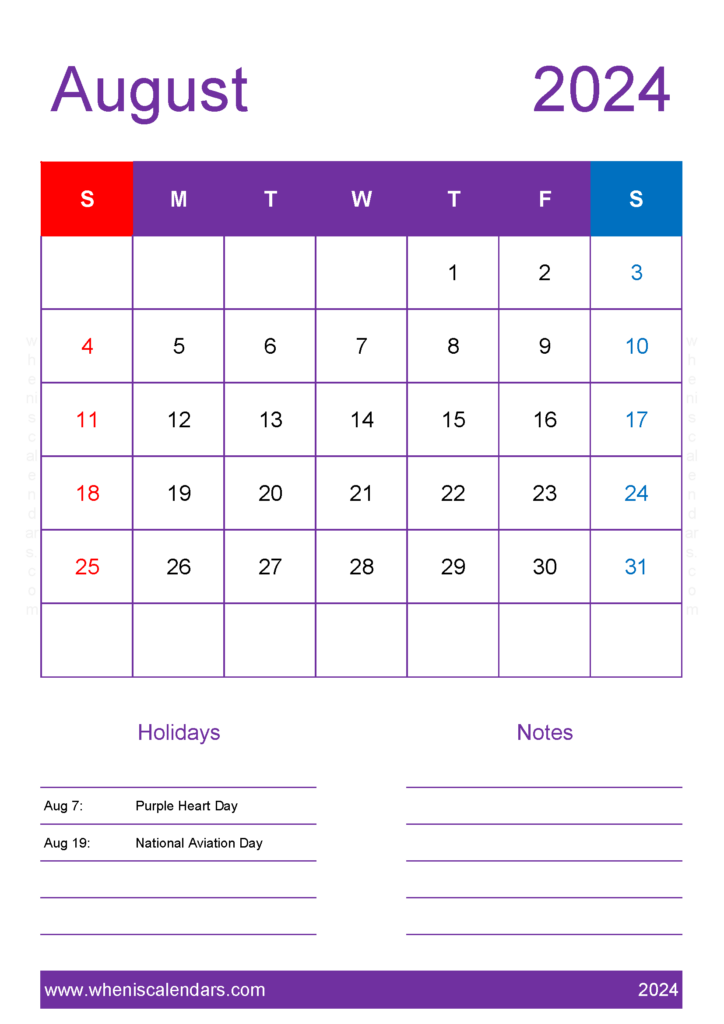 Download Free Calendar for August 2024 A4 Vertical 84157
