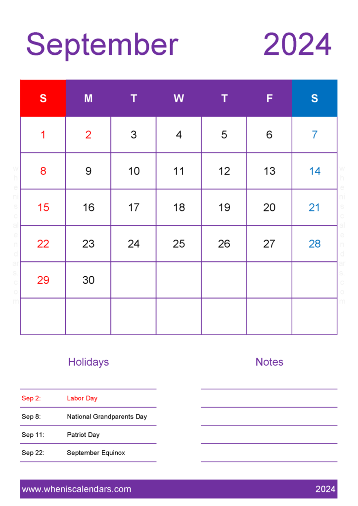 Download Free Calendar for September 2024 A4 Vertical 94157