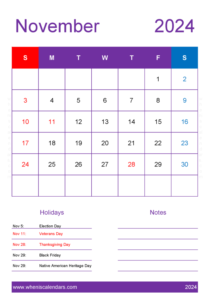 Download Free Calendar for November 2024 A4 Vertical 114157