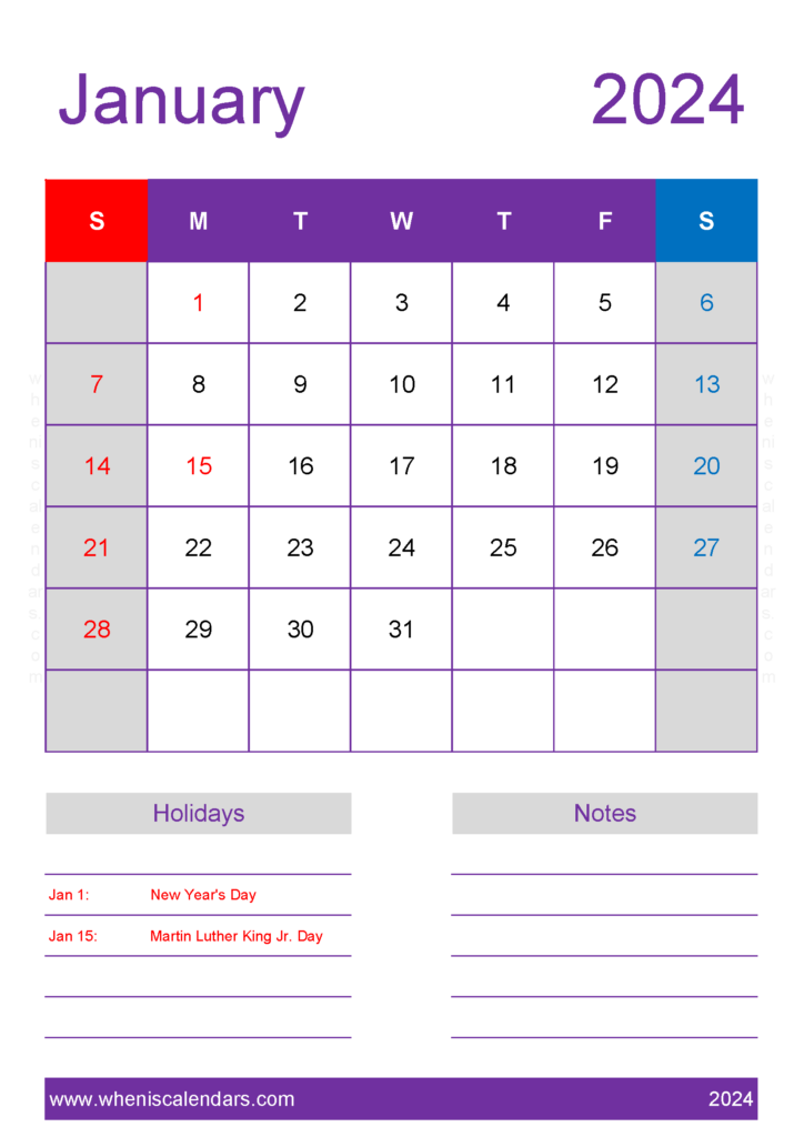 Download January 2024 Calendar in excel A4 Vertical J4158