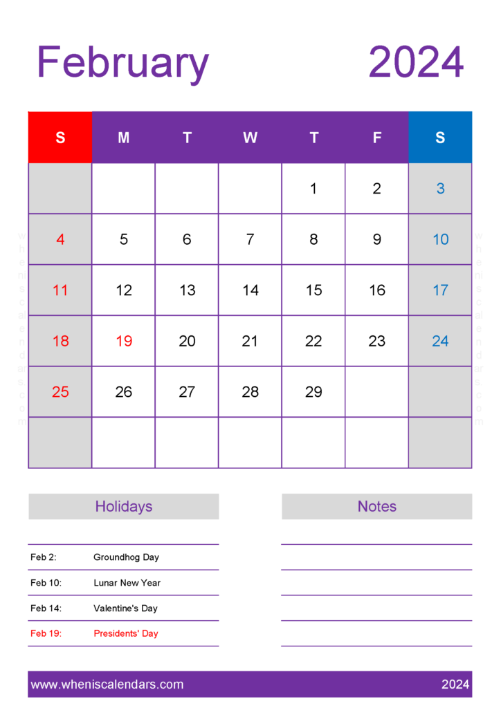 Download February 2024 Calendar in excel A4 Vertical 24158