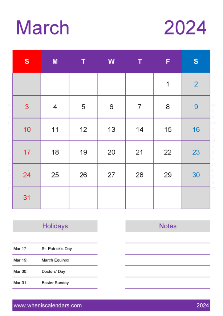 Download March 2024 Calendar in excel A4 Vertical 34158