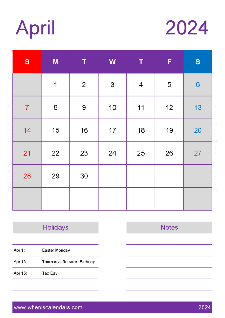 Download April 2024 Calendar in excel A4 Vertical 44158