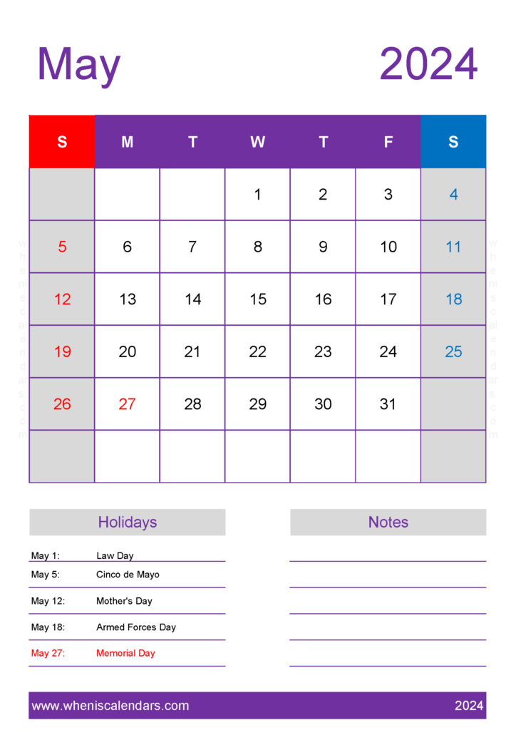 Download May 2024 Calendar in excel A4 Vertical 54158