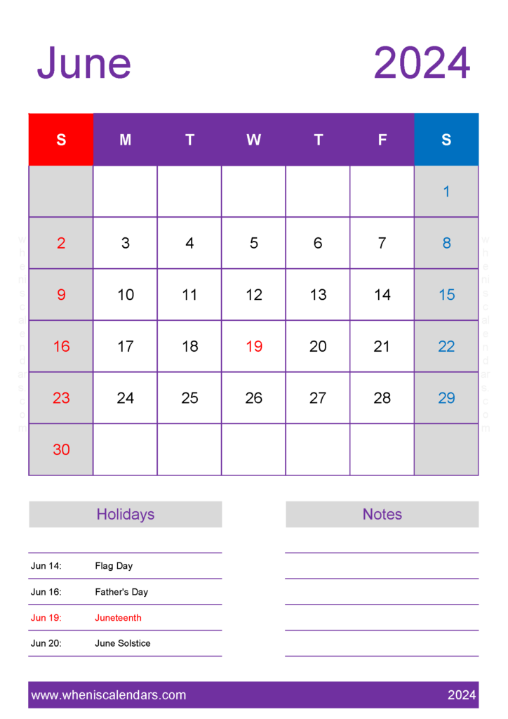 Download June 2024 Calendar in excel A4 Vertical 64158