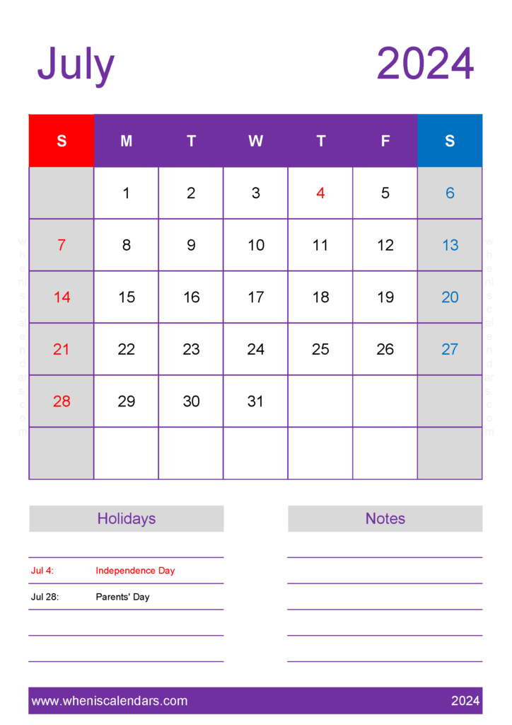 Download July 2024 Calendar in excel A4 Vertical 74158
