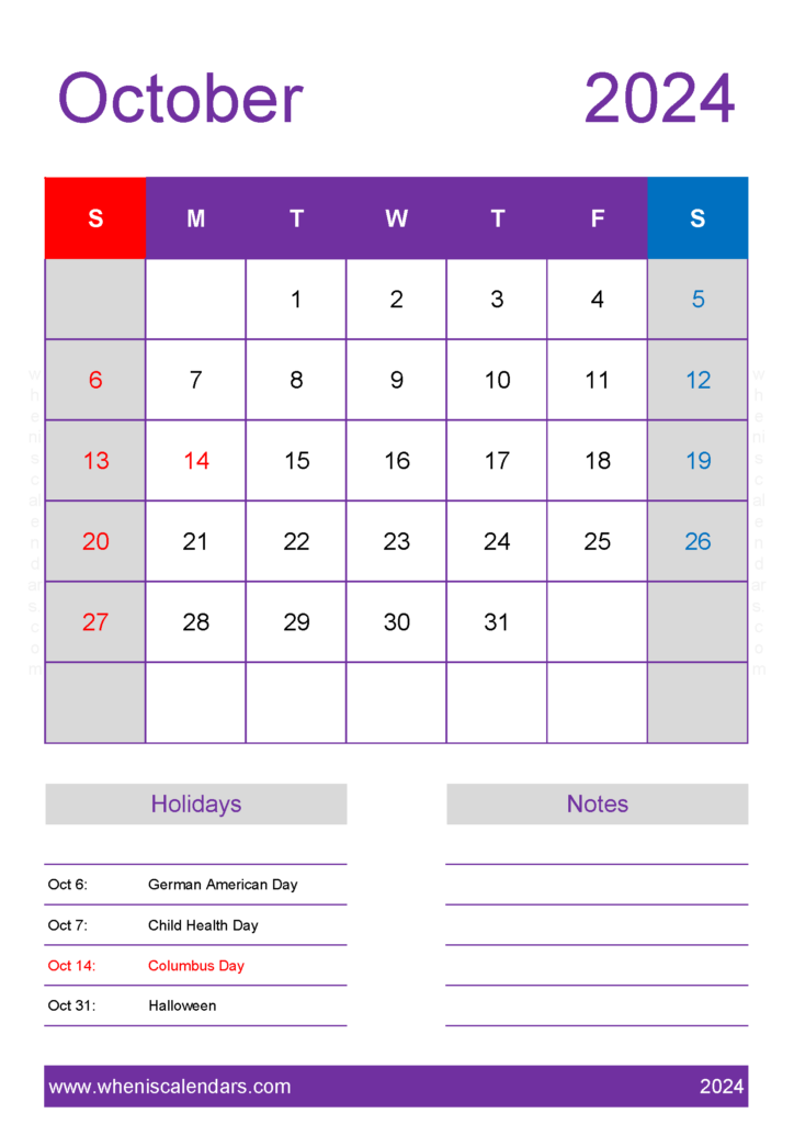 Download October 2024 Calendar in excel A4 Vertical 104158