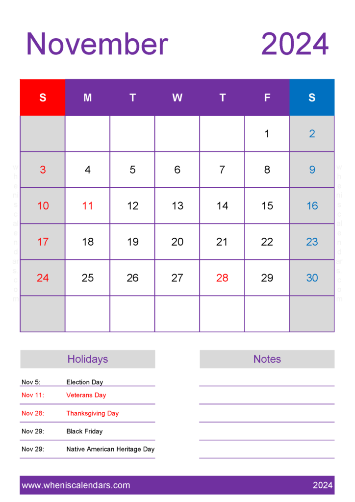 Download November 2024 Calendar in excel A4 Vertical 114158