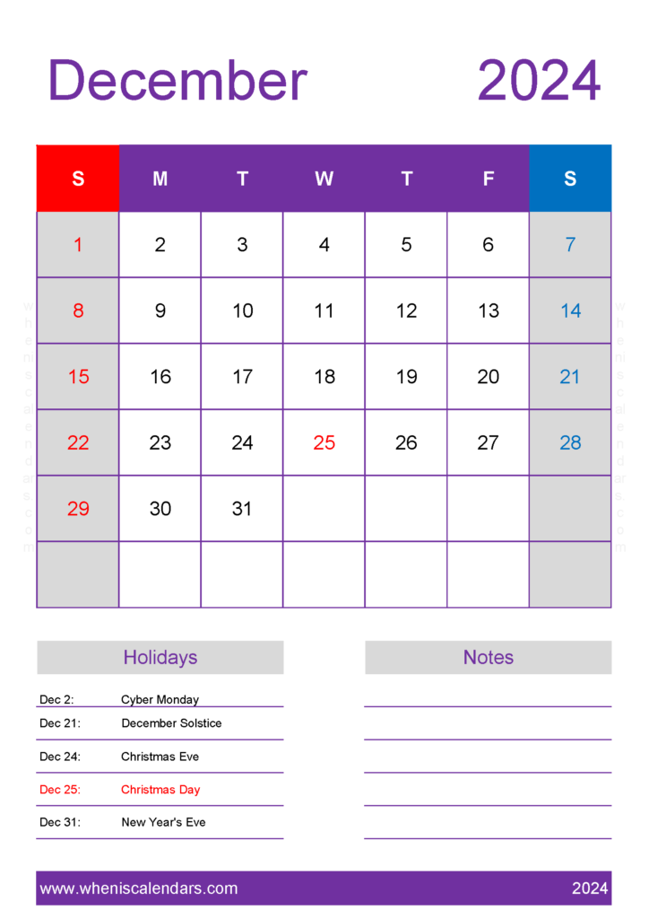 Download December 2024 Calendar in excel A4 Vertical 124158