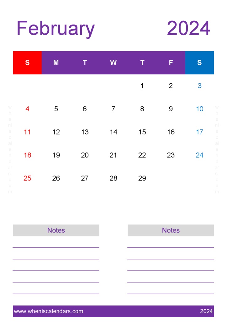 Download February 2024 Printable Calendar word A4 Vertical 24239