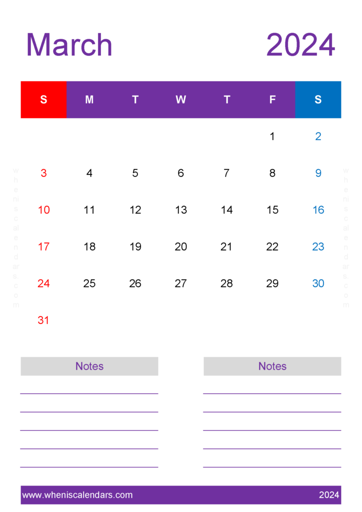 Download March 2024 Printable Calendar word A4 Vertical 34239