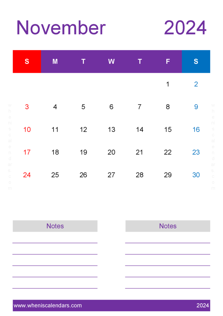 Download November 2024 Printable Calendar word A4 Vertical 114239