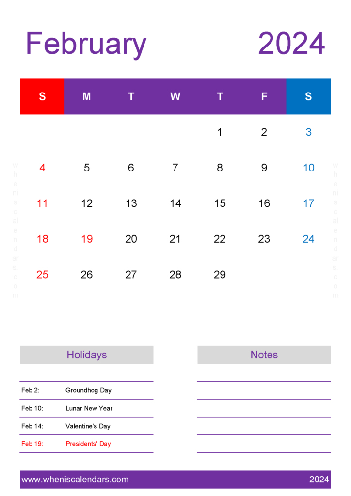 Download February 2024 month Calendar Printable A4 Vertical 24159