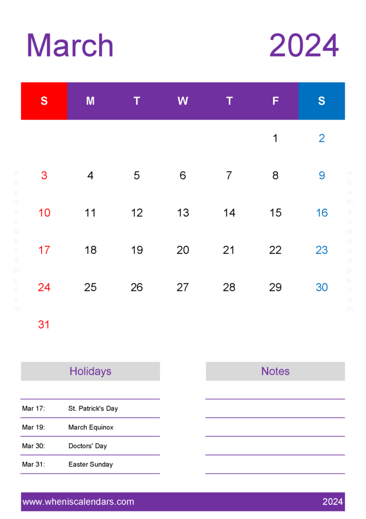 Download March 2024 month Calendar Printable A4 Vertical 34159
