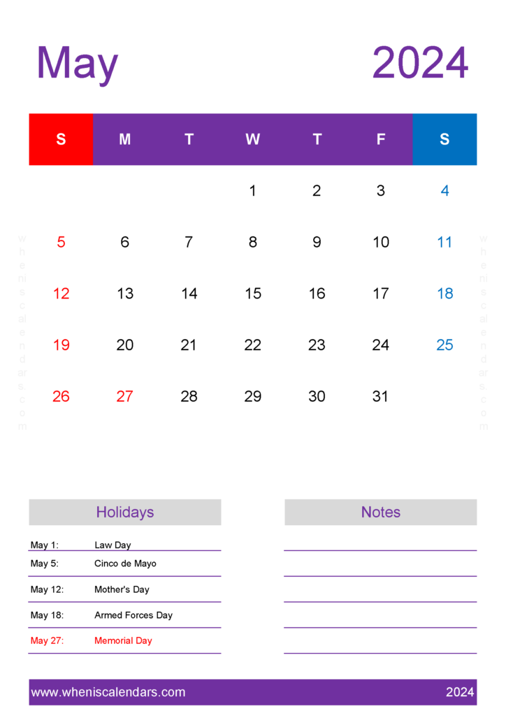 Download May 2024 month Calendar Printable A4 Vertical 54159