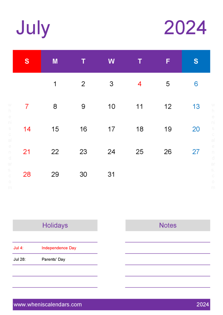 Download July 2024 month Calendar Printable A4 Vertical 74159